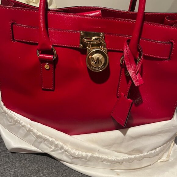 Michael Kors Hamilton Large Genuine Leather Tote Shoulder Bag Red - Picture 1 of 7
